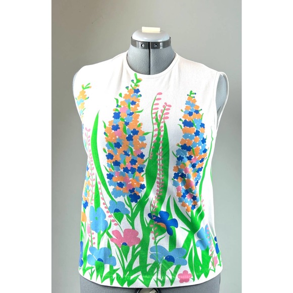 Miss Holly Tops - Vintage 1970s Miss Holly Groovy Polyester Crop Floral Stretchy Top Size Large